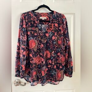 LOFT Navy Floral V-Neck Long Sleeve Blouse with Coral and Pink Accents